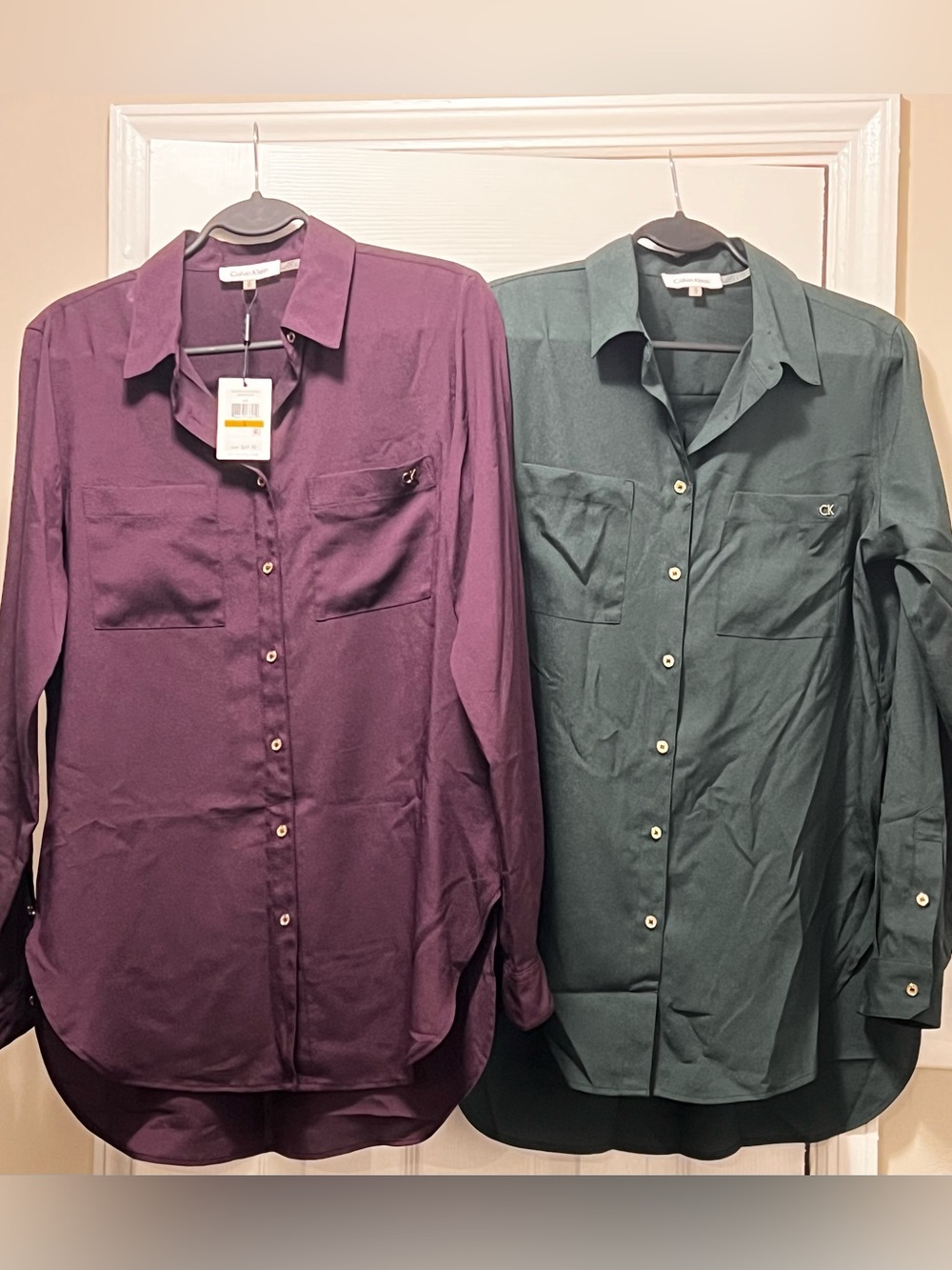 Calvin Klein Button Front Dress Shirts in Deep Plum and Green